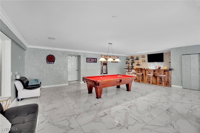 recreation room featuring ornamental molding, bar, and billiards