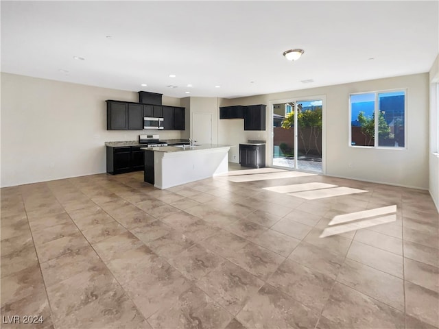 kitchen featuring appliances with stainless steel finishes, a kitchen island with sink, and sink