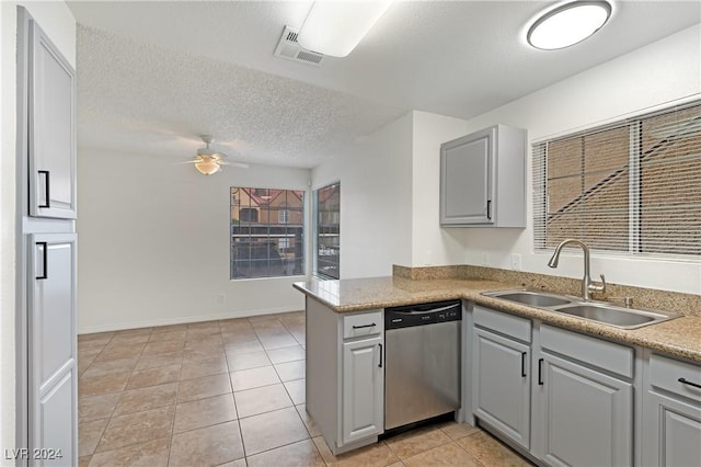 kitchen with sink, stainless steel dishwasher, ceiling fan, gray cabinets, and kitchen peninsula