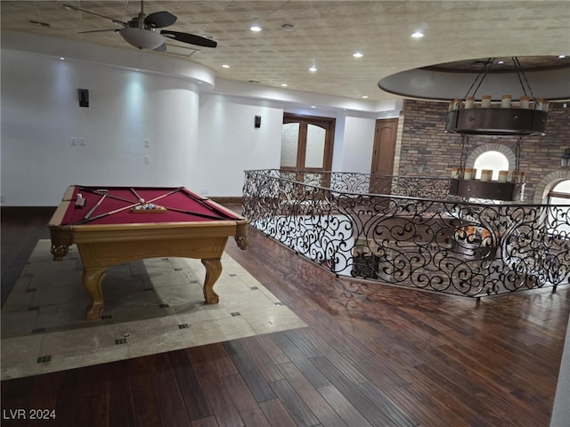 recreation room featuring recessed lighting, wood finished floors, billiards, and ceiling fan