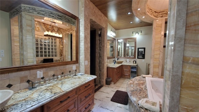 full bathroom featuring a jetted tub, recessed lighting, wine cooler, wooden ceiling, and decorative backsplash