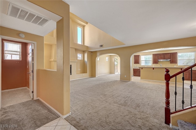 interior space with a healthy amount of sunlight, a high ceiling, and light colored carpet