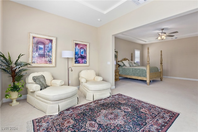 carpeted bedroom with ceiling fan