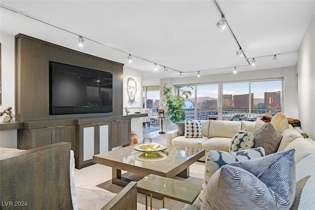 living room featuring rail lighting