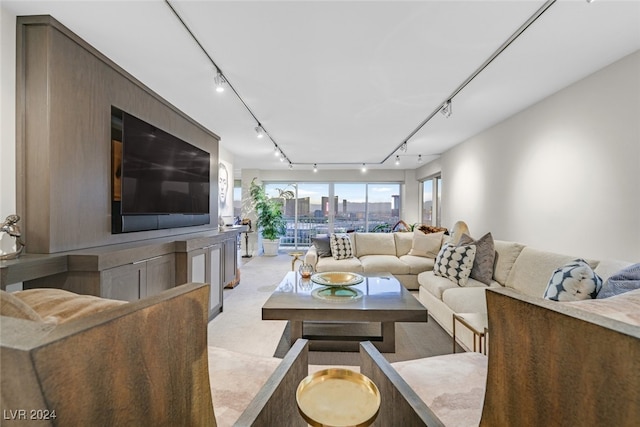 living room featuring light colored carpet and rail lighting