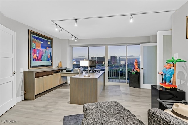 kitchen with rail lighting and light hardwood / wood-style floors