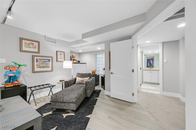 sitting room featuring light hardwood / wood-style floors and rail lighting