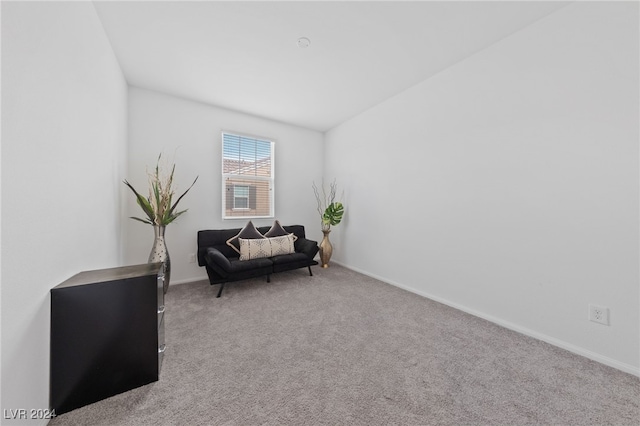 living area featuring light carpet