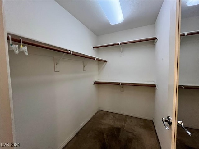 walk in closet featuring dark carpet