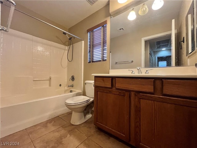 bathroom featuring visible vents, toilet, vanity, shower / tub combination, and tile patterned floors