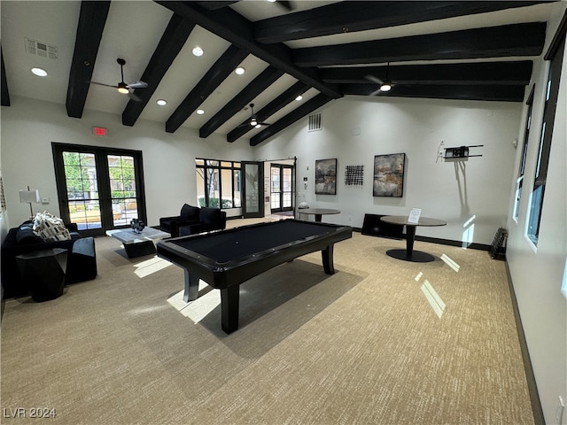 rec room with light carpet, french doors, and beam ceiling