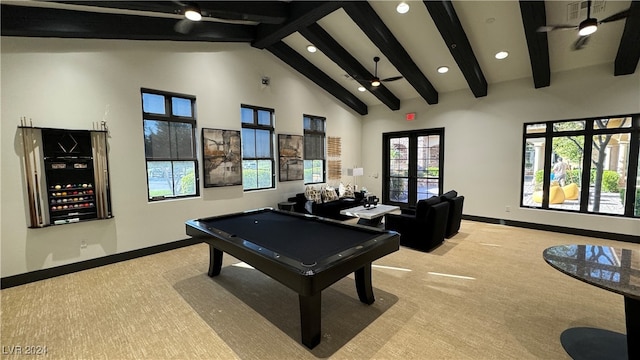 playroom featuring light carpet, billiards, high vaulted ceiling, beamed ceiling, and french doors