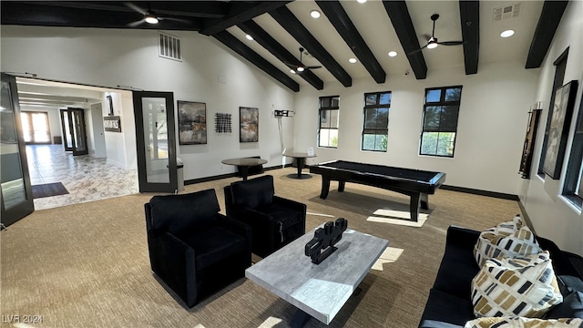 recreation room featuring french doors, beam ceiling, billiards, high vaulted ceiling, and ceiling fan