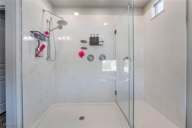 bathroom with a shower with shower door