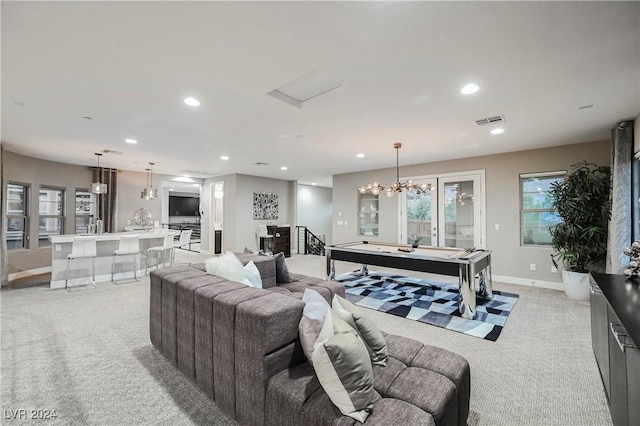 carpeted living room with pool table