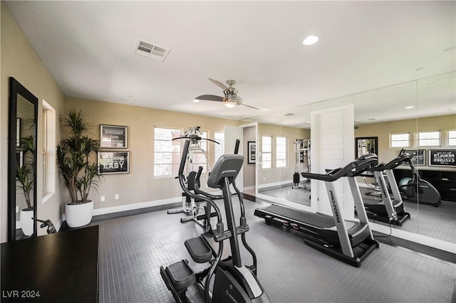 workout area featuring ceiling fan