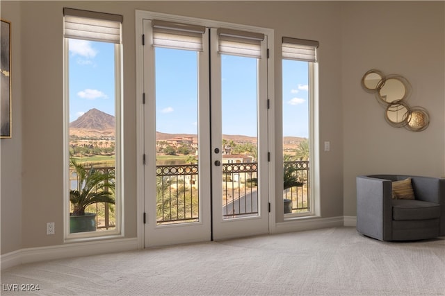 entryway featuring a mountain view and light colored carpet