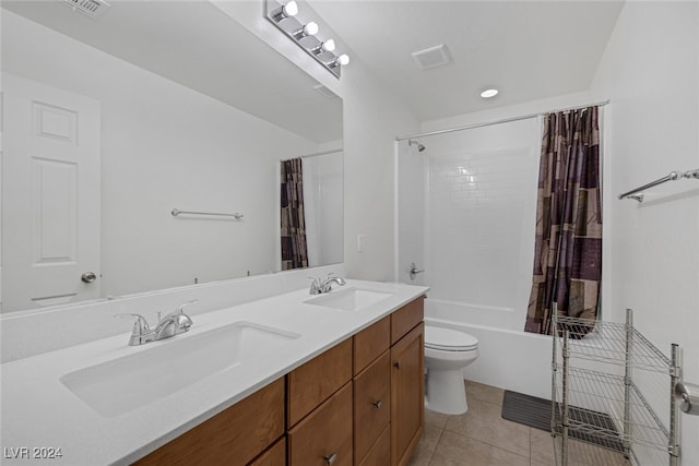 full bathroom featuring shower / bath combination with curtain, toilet, tile patterned floors, and vanity