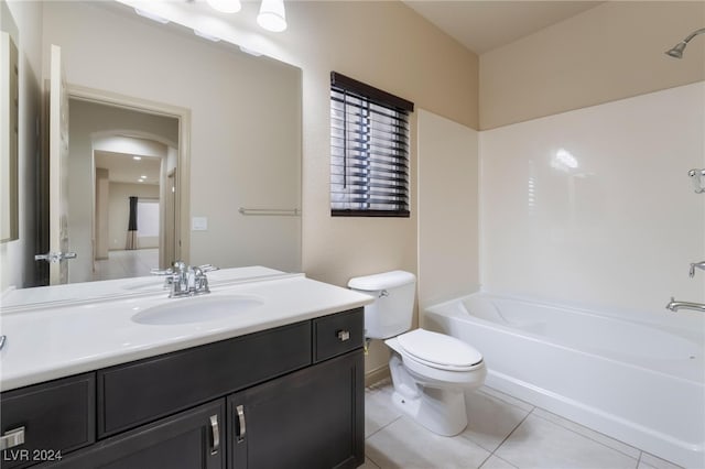 full bathroom with vanity, bathing tub / shower combination, toilet, and tile patterned floors