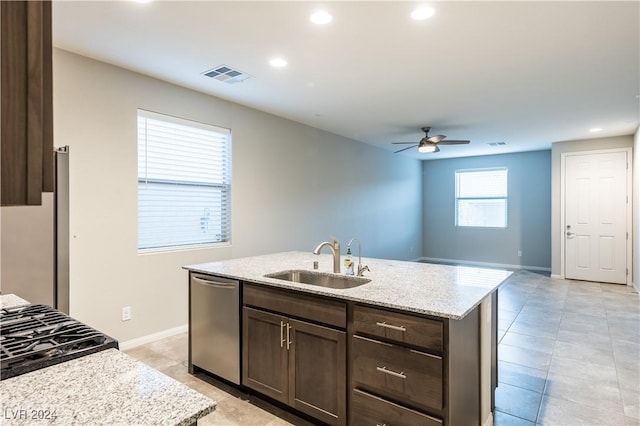 2664 Chinaberry Hill St, Laughlin, NV 89029 - kitchen with a sink, dishwasher, dark brown cabinetry, ceiling fan, and recessed lighting