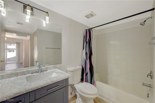 bathroom with shower / tub combo with curtain, visible vents, toilet, and vanity