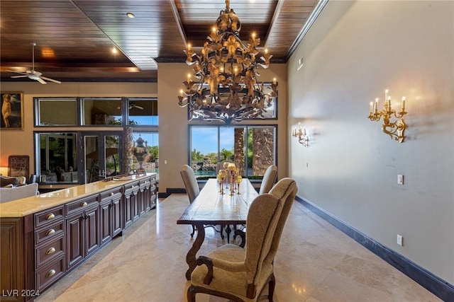 dining area with wooden ceiling and ceiling fan with notable chandelier