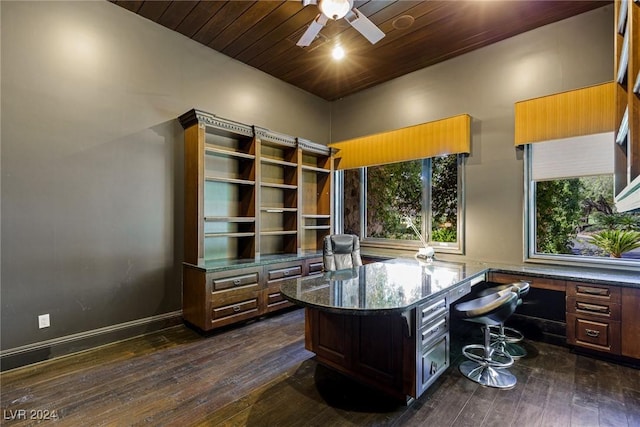 office area with ceiling fan, wood ceiling, and dark hardwood / wood-style floors