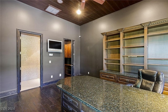 office featuring ceiling fan, dark wood-type flooring, and wood ceiling