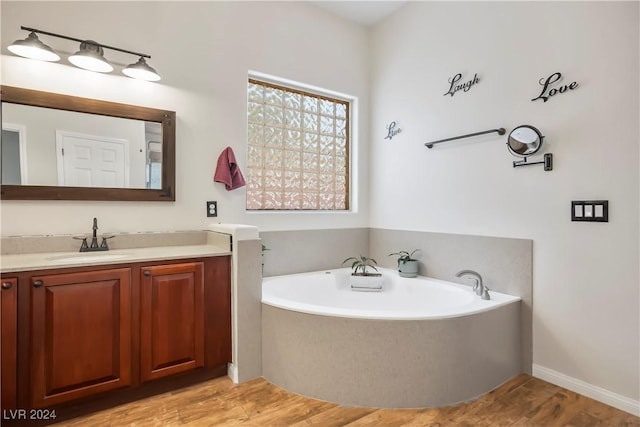 bathroom with a garden tub, wood finished floors, and vanity