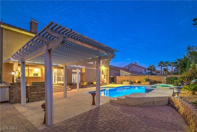 pool at dusk featuring a pergola, area for grilling, an in ground hot tub, and a patio