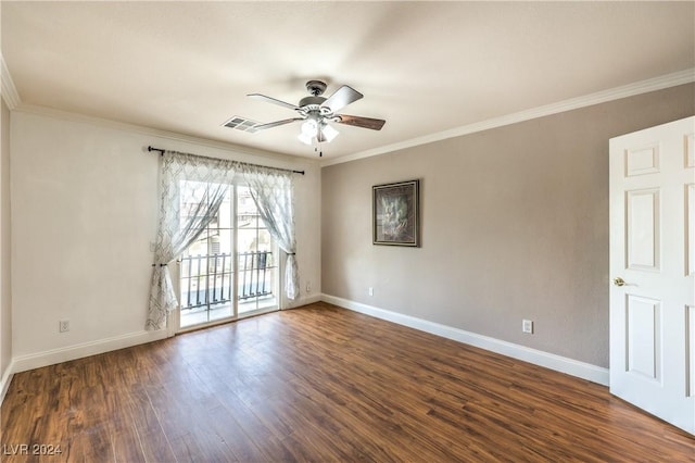 unfurnished room featuring ceiling fan, crown molding, and dark wood-type flooring