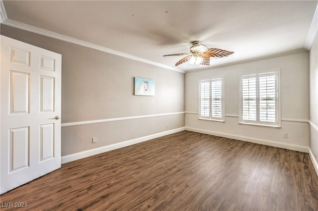 empty room with ceiling fan, ornamental molding, and dark wood-type flooring