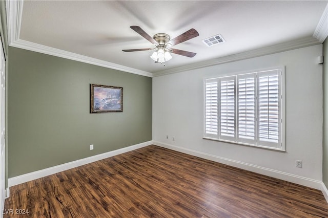 spare room with dark hardwood / wood-style flooring, ceiling fan, and crown molding