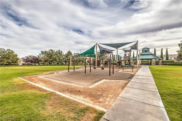 view of play area with a gazebo and a yard