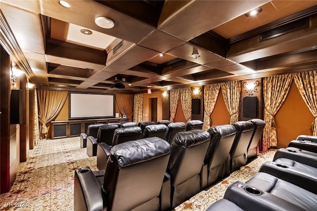 carpeted home theater with crown molding, beam ceiling, and coffered ceiling