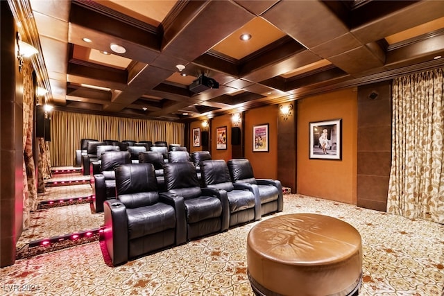 carpeted cinema room with beam ceiling, coffered ceiling, and ornamental molding