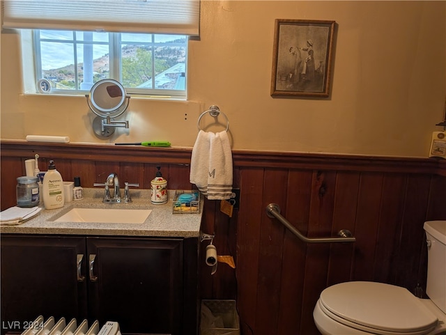 bathroom with toilet, wood walls, and vanity