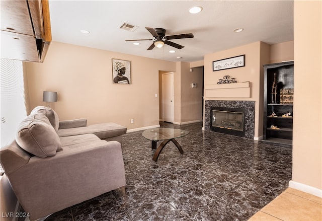 living room with ceiling fan