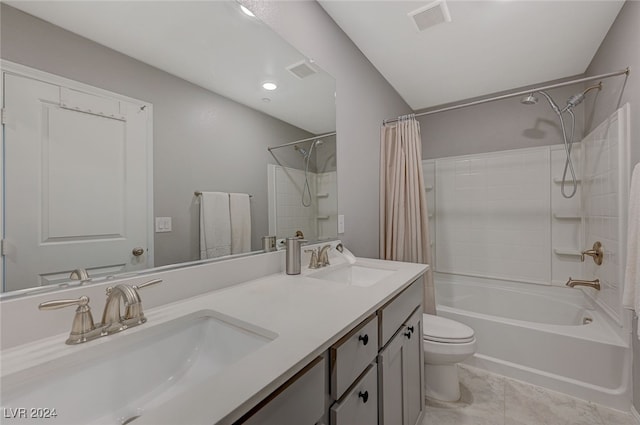 full bathroom featuring vanity, shower / tub combo, toilet, and tile patterned floors