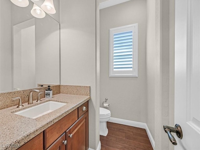 bathroom with vanity, hardwood / wood-style flooring, and toilet