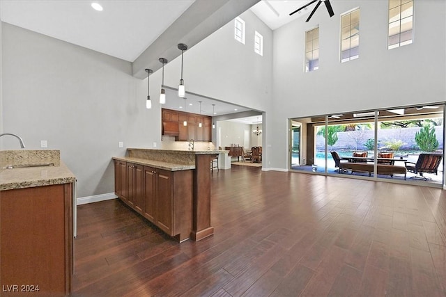 kitchen featuring kitchen peninsula, a high ceiling, dark hardwood / wood-style flooring, and sink