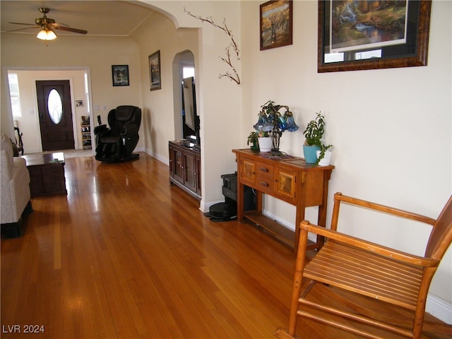 entrance foyer featuring hardwood / wood-style floors and ceiling fan