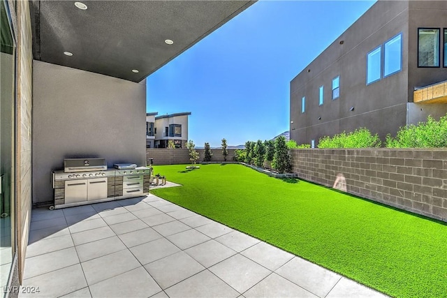 view of yard featuring a patio area, a fenced backyard, and an outdoor kitchen