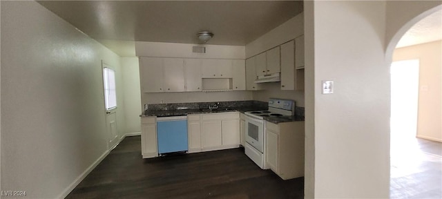 kitchen with white electric range, white cabinetry, dishwasher, sink, and dark hardwood / wood-style flooring