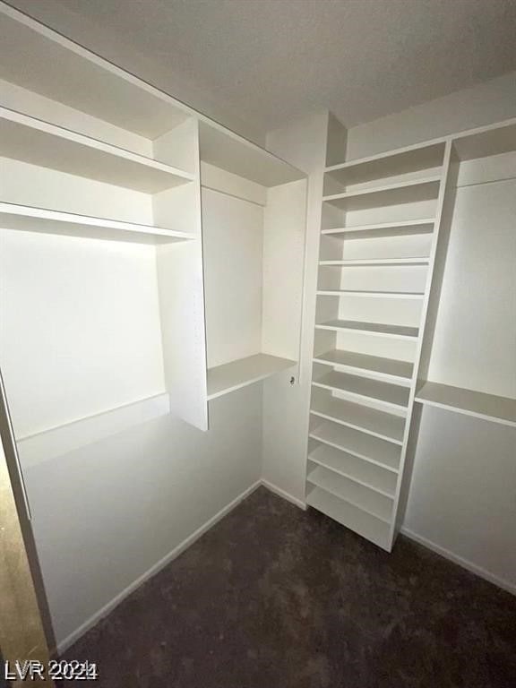 walk in closet featuring dark colored carpet