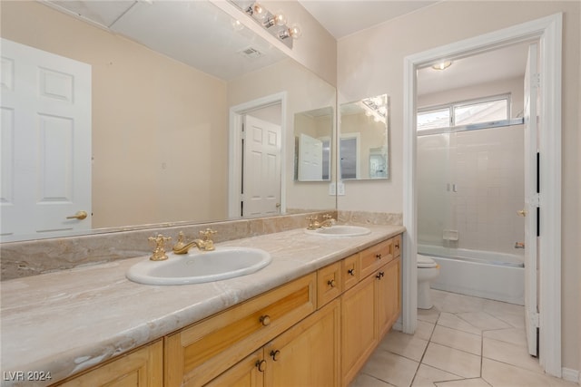 full bathroom with vanity, toilet, shower / bath combination, and tile patterned flooring