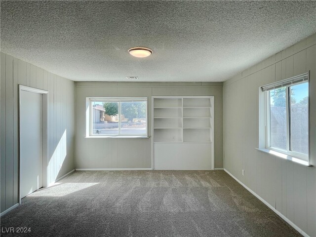 unfurnished room featuring a textured ceiling, carpet floors, and plenty of natural light