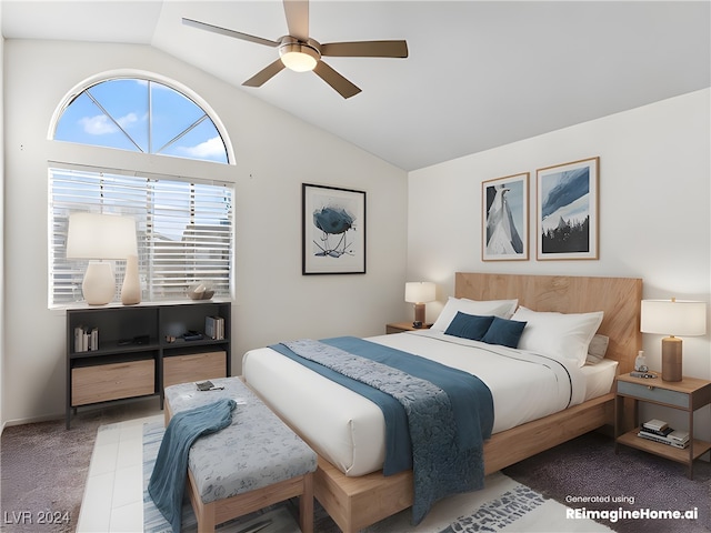 bedroom featuring carpet, ceiling fan, and vaulted ceiling