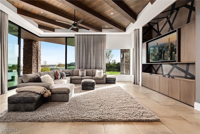 living room featuring ceiling fan, beam ceiling, and wooden ceiling