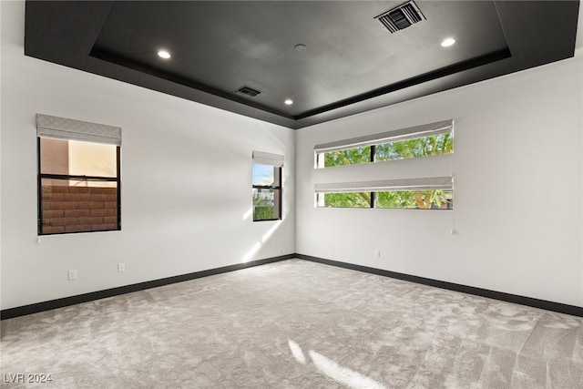 unfurnished room featuring light carpet and a tray ceiling